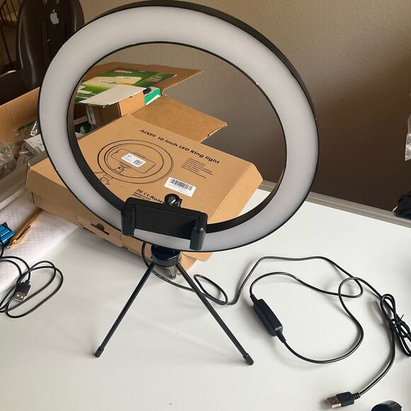 Dimmable Desk Makeup LED Ring Light 10" with Tripod Stand & Phone Holder, white - Picture 2 of 11